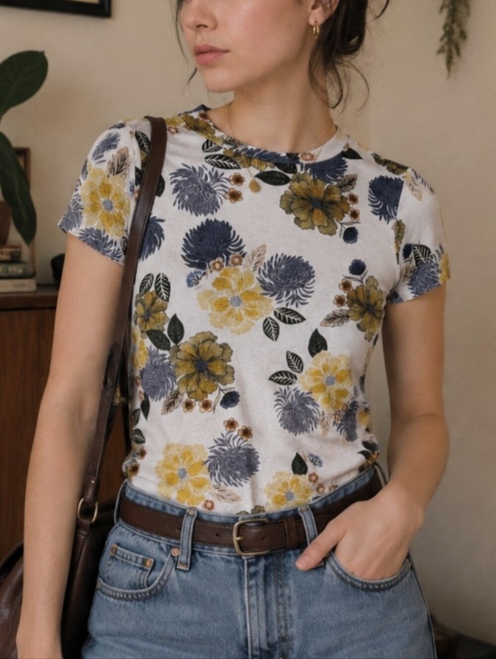 Basic Vintage-Inspired Floral Botanical Print Cotton Tee Shirt Size S Casual Y2k